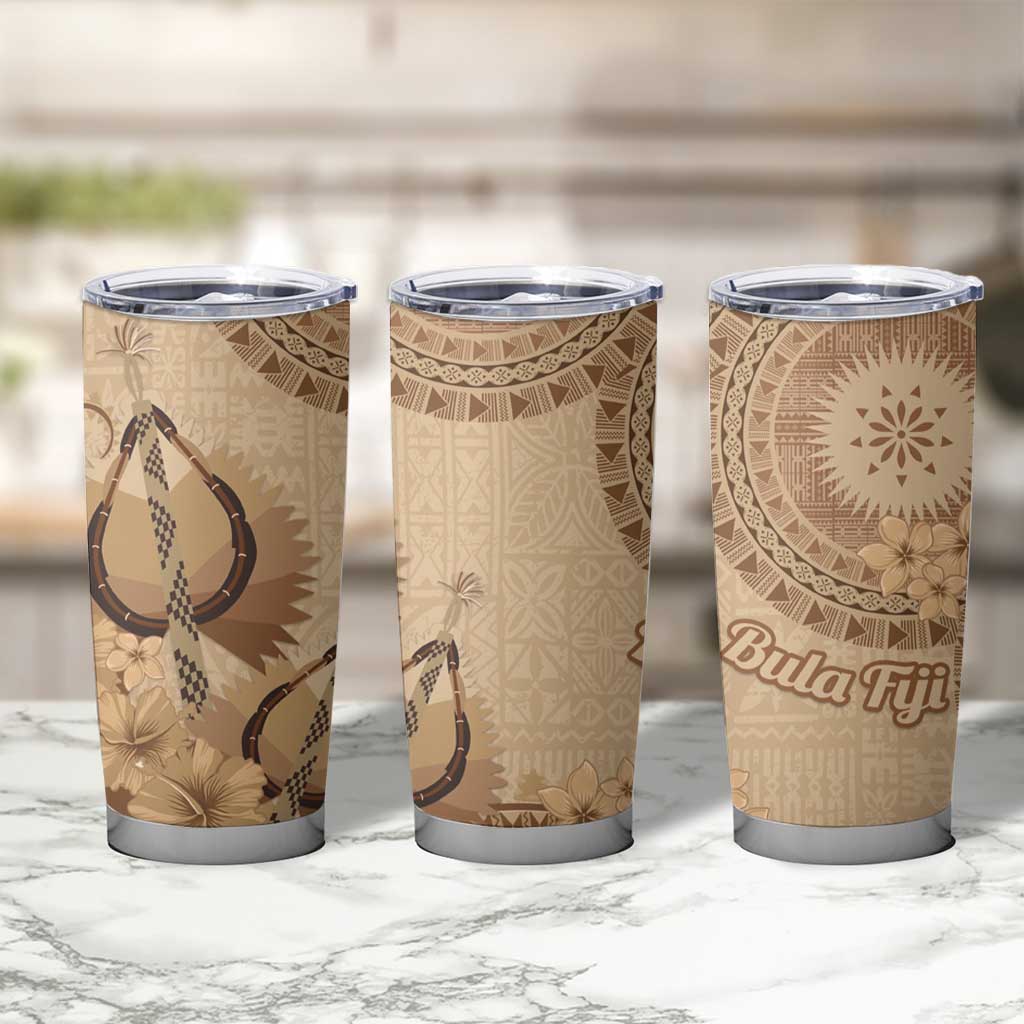 Brown Bula Fiji Tumbler Cup Fijian Dance Fan Tapa Cloth Pattern