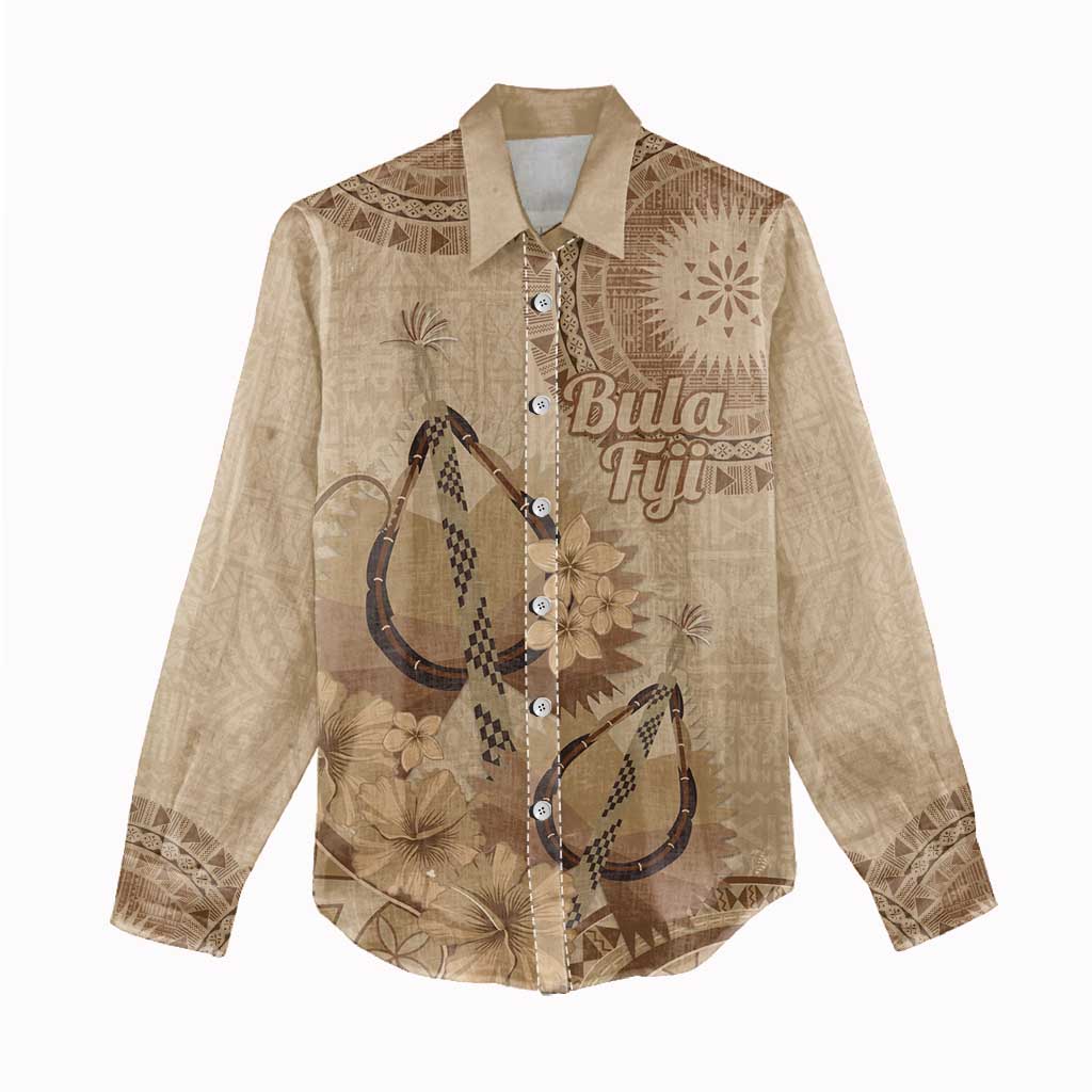 Brown Bula Fiji Women Casual Shirt Fijian Dance Fan Tapa Cloth Pattern