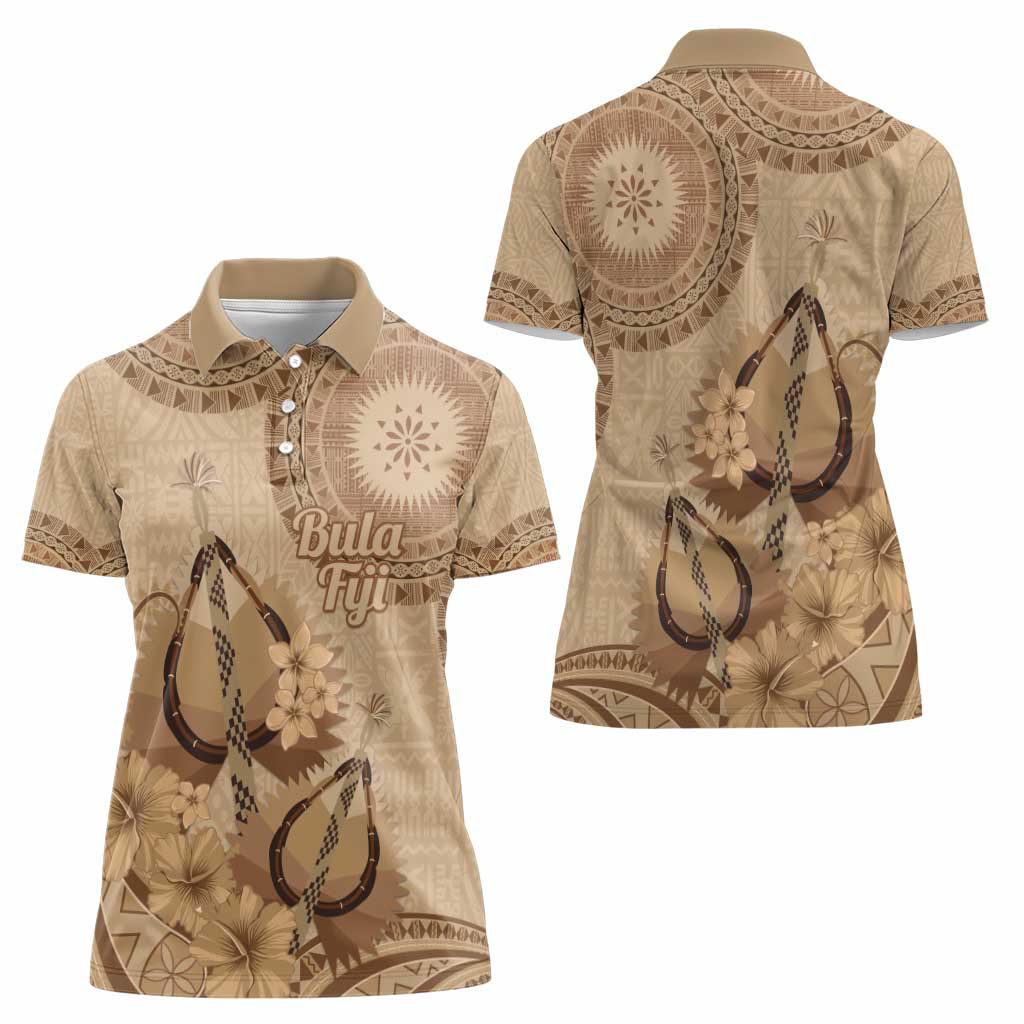 Brown Bula Fiji Women Polo Shirt Fijian Dance Fan Tapa Cloth Pattern