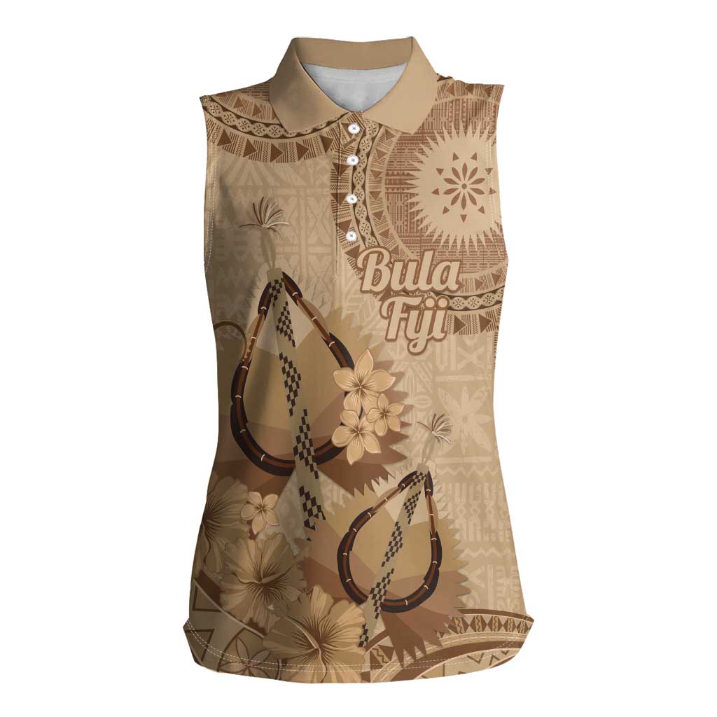 Brown Bula Fiji Women Sleeveless Polo Shirt Fijian Dance Fan Tapa Cloth Pattern