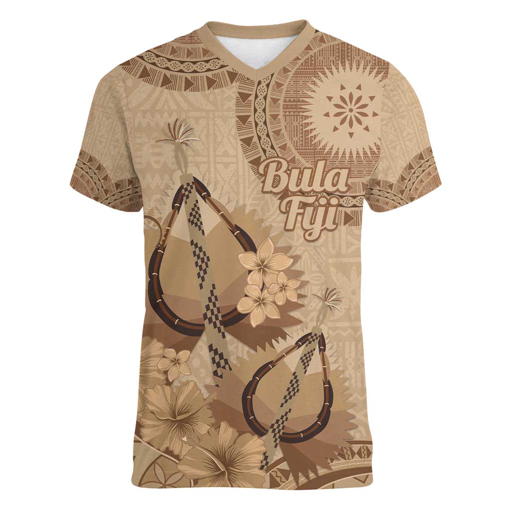 Brown Bula Fiji Women V-Neck T-Shirt Fijian Dance Fan Tapa Cloth Pattern