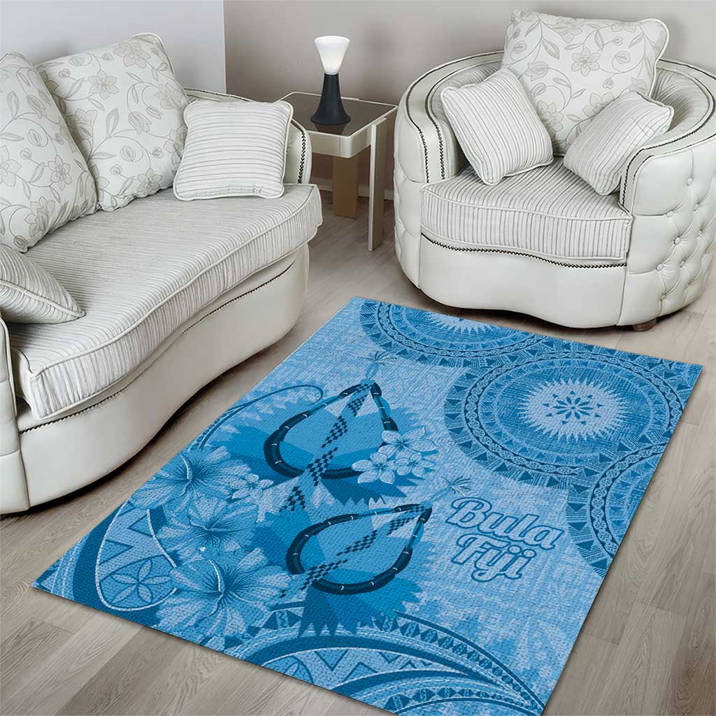 Blue Bula Fiji Area Rug Fijian Dance Fan Tapa Cloth Pattern