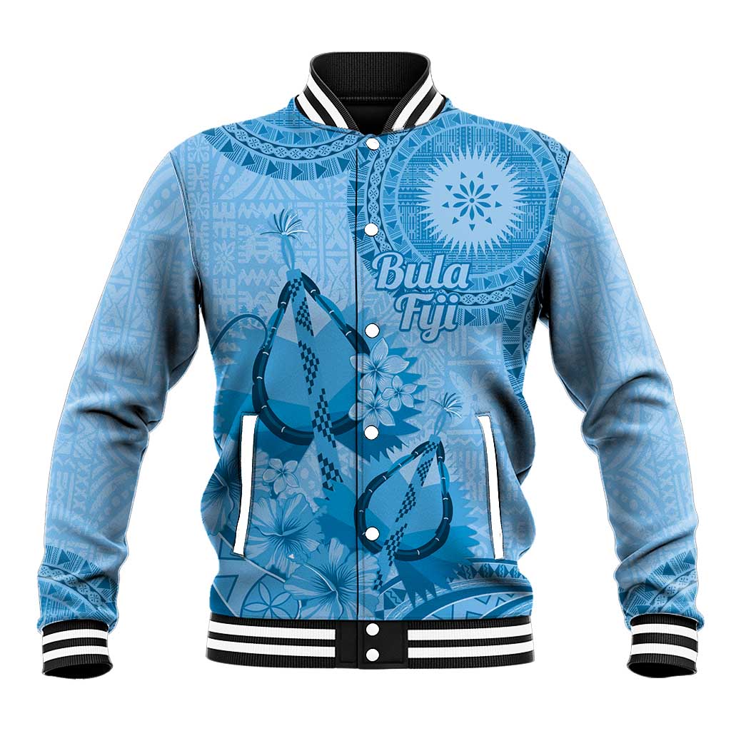 Blue Bula Fiji Baseball Jacket Fijian Dance Fan Tapa Cloth Pattern