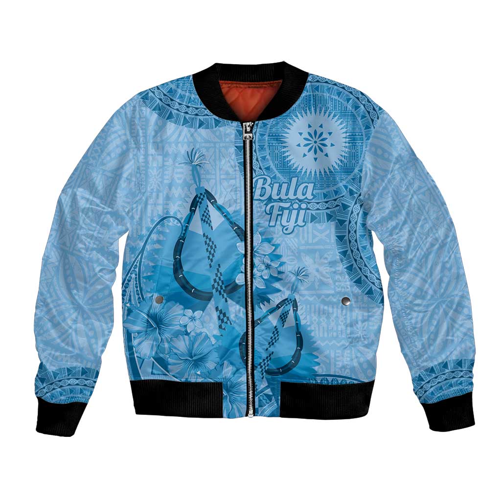 Blue Bula Fiji Bomber Jacket Fijian Dance Fan Tapa Cloth Pattern