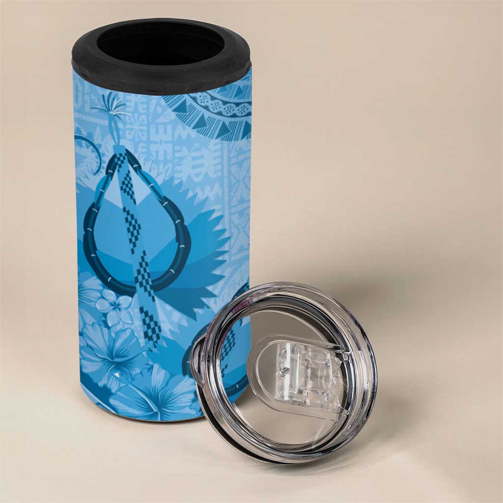 Blue Bula Fiji 4 in 1 Can Cooler Tumbler Fijian Dance Fan Tapa Cloth Pattern