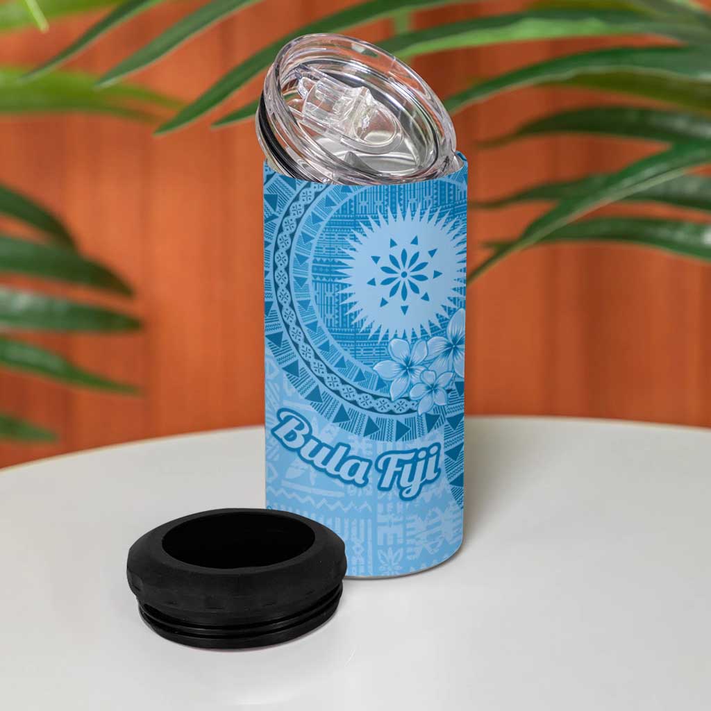 Blue Bula Fiji 4 in 1 Can Cooler Tumbler Fijian Dance Fan Tapa Cloth Pattern