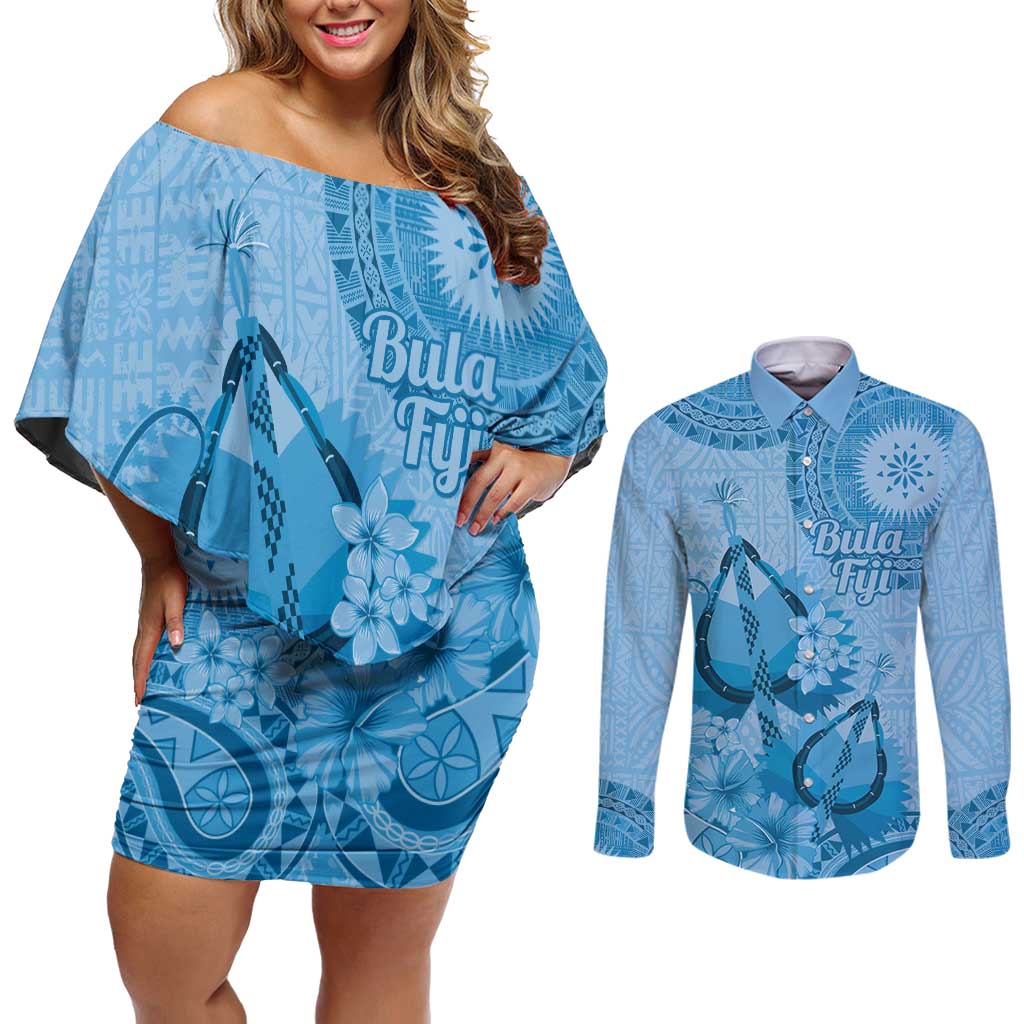 Blue Bula Fiji Couples Matching Off Shoulder Short Dress and Long Sleeve Button Shirt Fijian Dance Fan Tapa Cloth Pattern