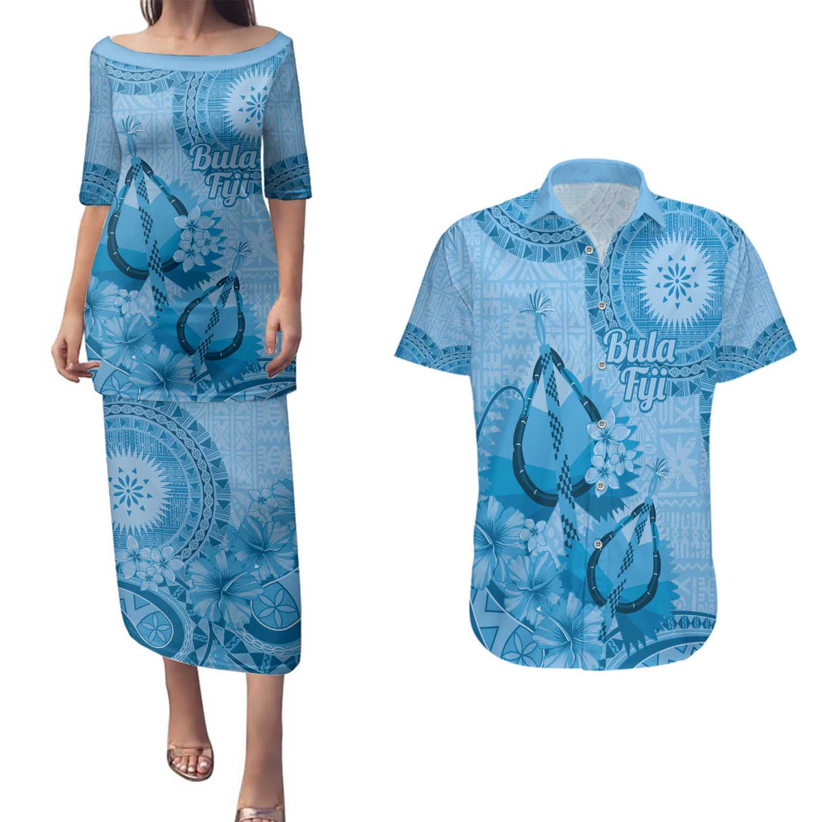 Blue Bula Fiji Couples Matching Puletasi and Hawaiian Shirt Fijian Dance Fan Tapa Cloth Pattern