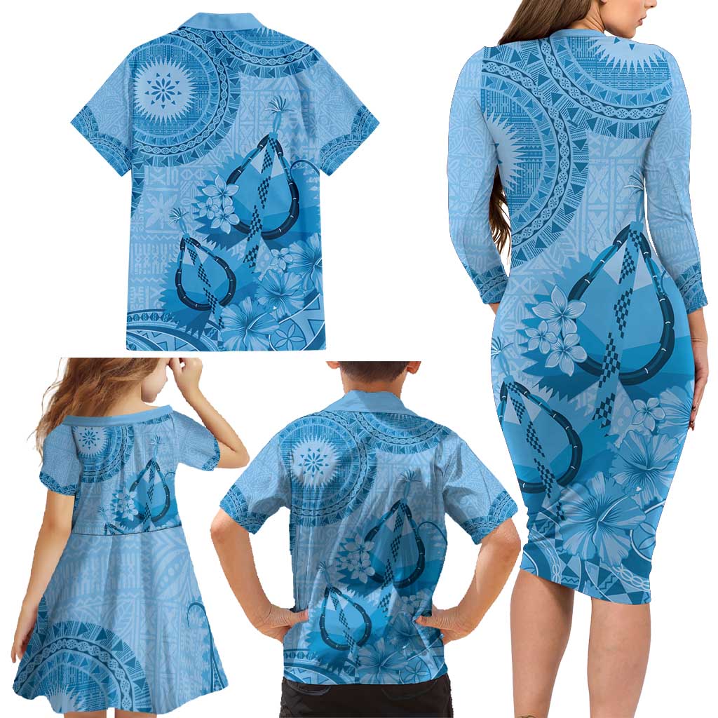 Blue Bula Fiji Family Matching Long Sleeve Bodycon Dress and Hawaiian Shirt Fijian Dance Fan Tapa Cloth Pattern