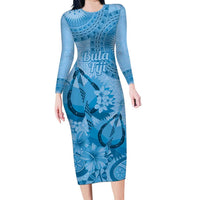 Blue Bula Fiji Family Matching Long Sleeve Bodycon Dress and Hawaiian Shirt Fijian Dance Fan Tapa Cloth Pattern