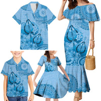 Blue Bula Fiji Family Matching Mermaid Dress and Hawaiian Shirt Fijian Dance Fan Tapa Cloth Pattern