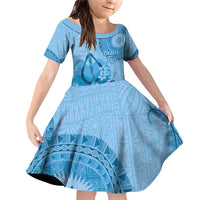 Blue Bula Fiji Family Matching Off Shoulder Short Dress and Hawaiian Shirt Fijian Dance Fan Tapa Cloth Pattern