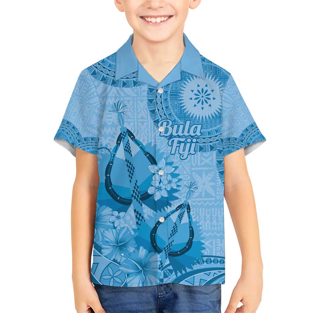 Blue Bula Fiji Family Matching Off Shoulder Short Dress and Hawaiian Shirt Fijian Dance Fan Tapa Cloth Pattern