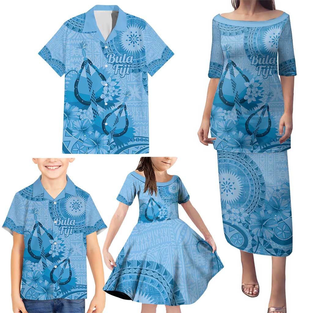 Blue Bula Fiji Family Matching Puletasi and Hawaiian Shirt Fijian Dance Fan Tapa Cloth Pattern