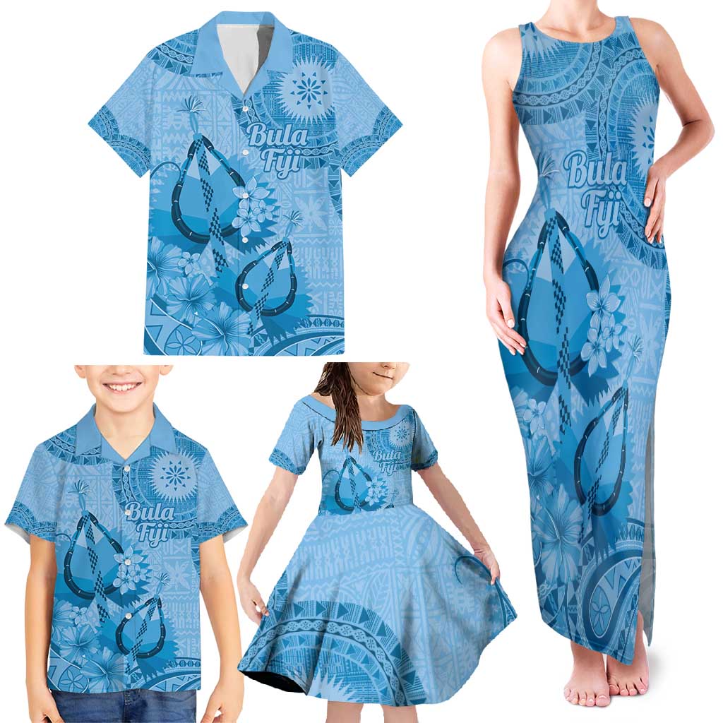 Blue Bula Fiji Family Matching Tank Maxi Dress and Hawaiian Shirt Fijian Dance Fan Tapa Cloth Pattern