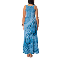 Blue Bula Fiji Family Matching Tank Maxi Dress and Hawaiian Shirt Fijian Dance Fan Tapa Cloth Pattern