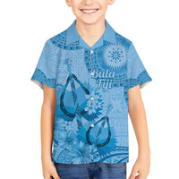 Blue Bula Fiji Kid Hawaiian Shirt Fijian Dance Fan Tapa Cloth Pattern