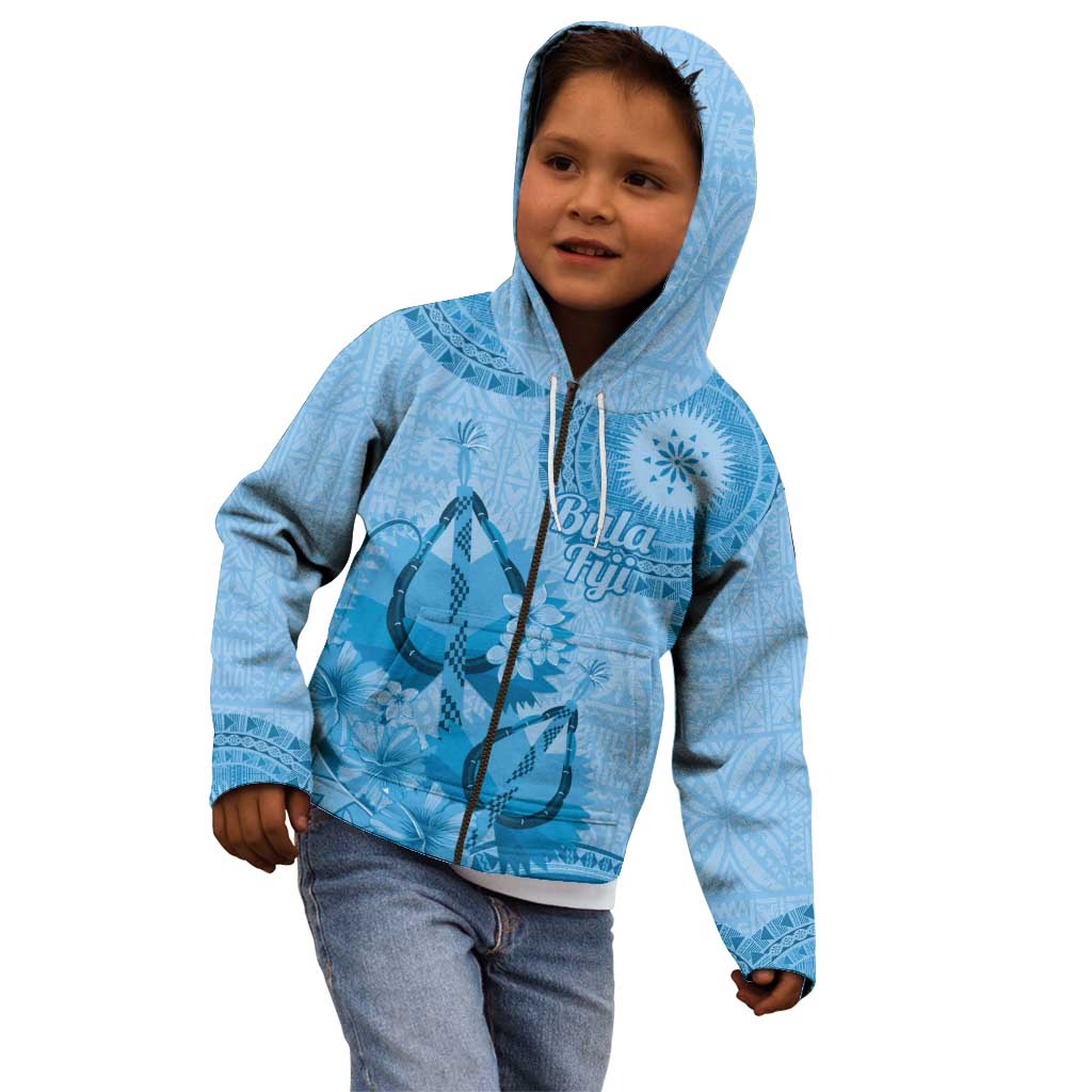 Blue Bula Fiji Kid Hoodie Fijian Dance Fan Tapa Cloth Pattern