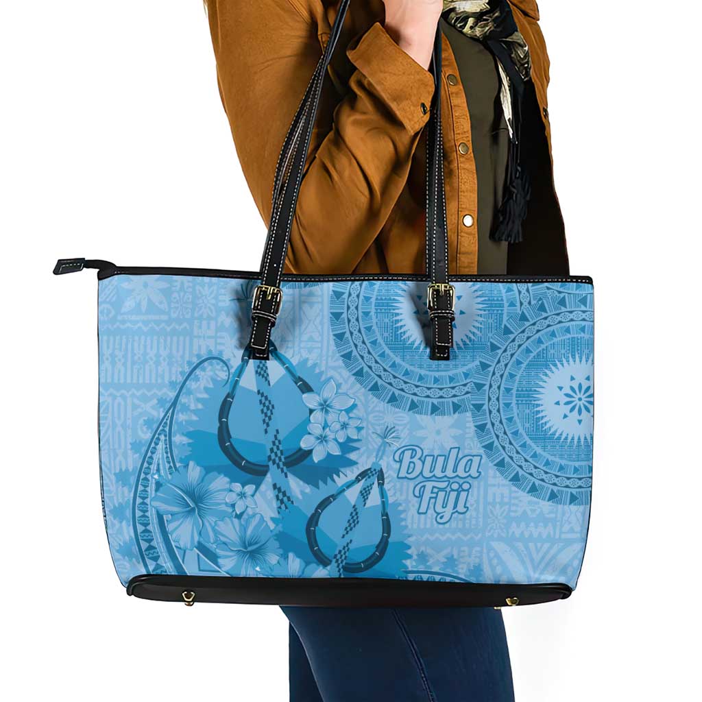 Blue Bula Fiji Leather Tote Bag Fijian Dance Fan Tapa Cloth Pattern