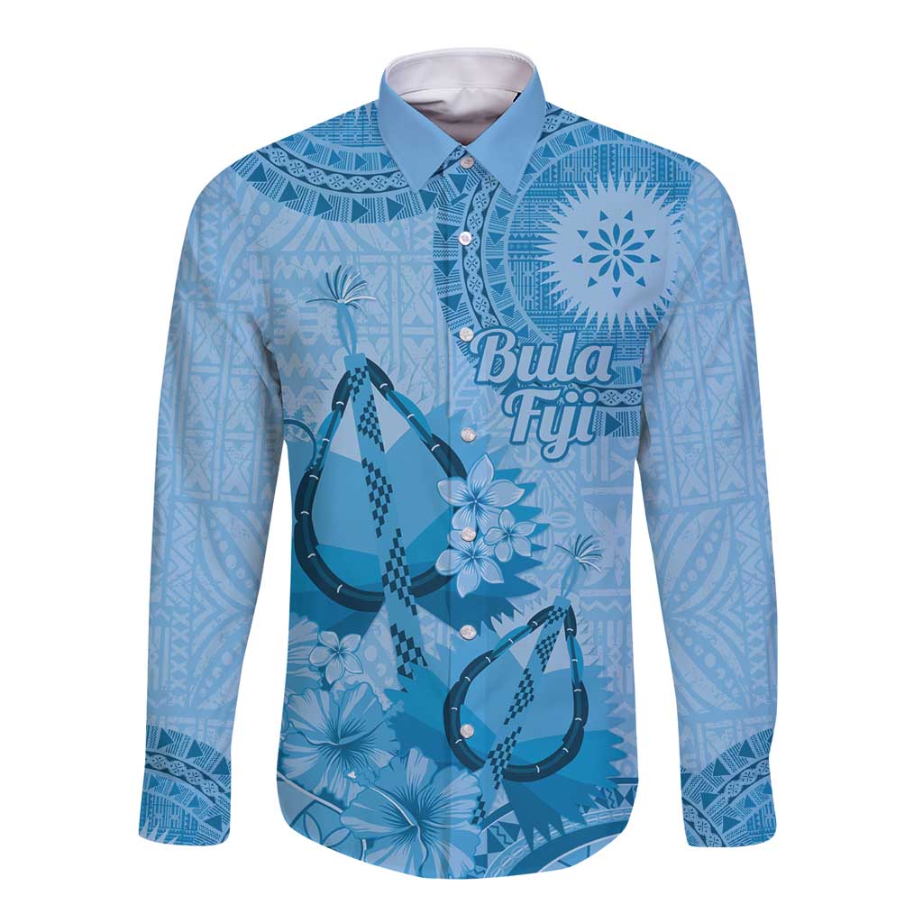 Blue Bula Fiji Long Sleeve Button Shirt Fijian Dance Fan Tapa Cloth Pattern