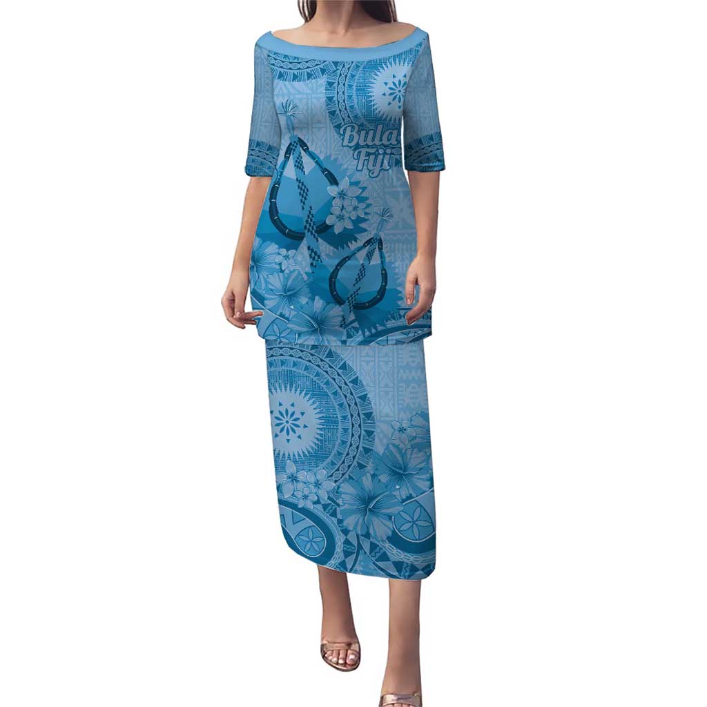 Blue Bula Fiji Puletasi Fijian Dance Fan Tapa Cloth Pattern