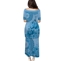 Blue Bula Fiji Puletasi Fijian Dance Fan Tapa Cloth Pattern