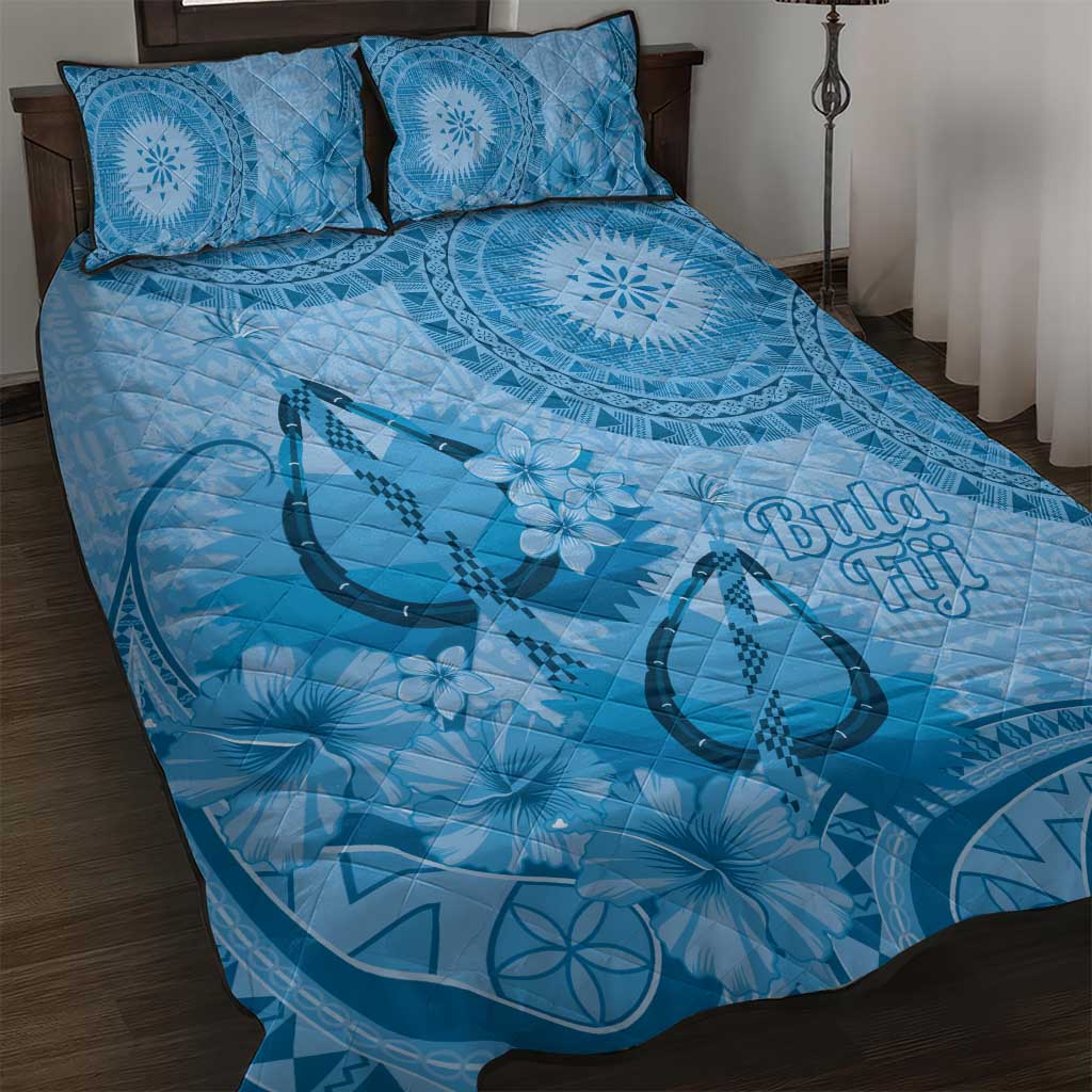 Blue Bula Fiji Quilt Bed Set Fijian Dance Fan Tapa Cloth Pattern