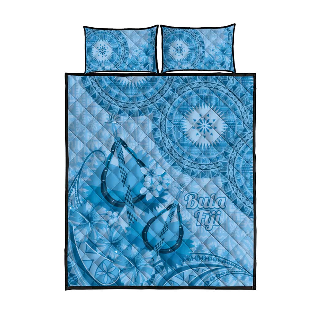Blue Bula Fiji Quilt Bed Set Fijian Dance Fan Tapa Cloth Pattern
