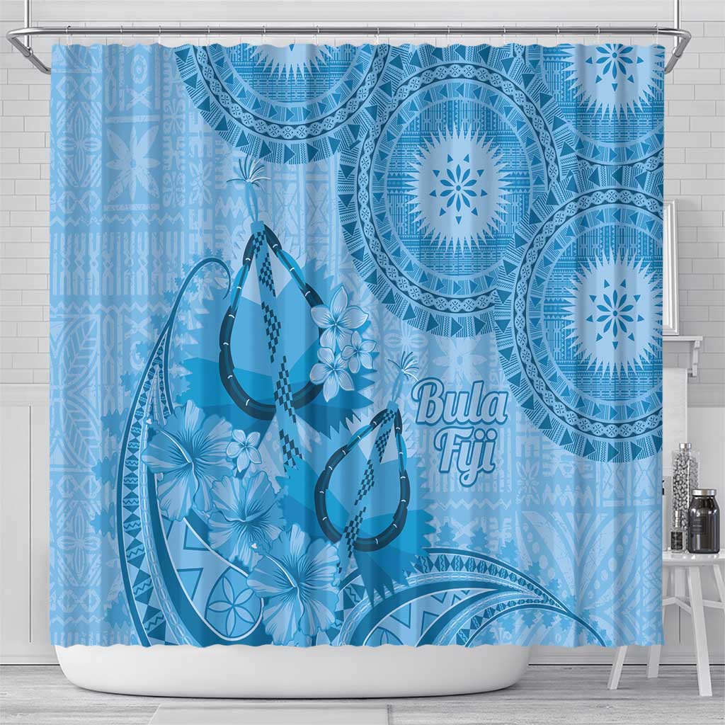 Blue Bula Fiji Shower Curtain Fijian Dance Fan Tapa Cloth Pattern