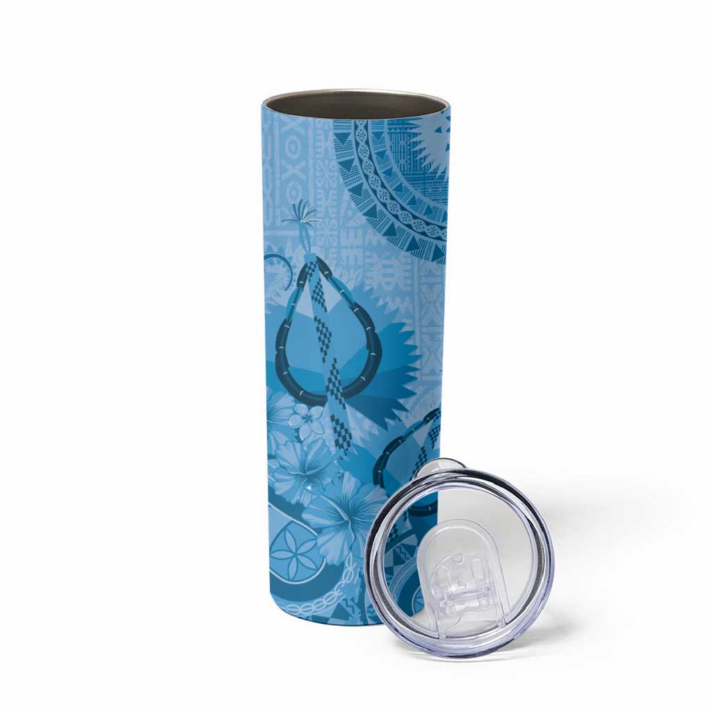 Blue Bula Fiji Skinny Tumbler Fijian Dance Fan Tapa Cloth Pattern