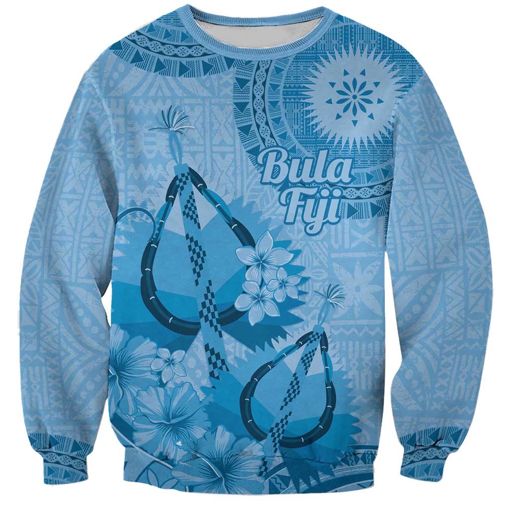 Blue Bula Fiji Sweatshirt Fijian Dance Fan Tapa Cloth Pattern