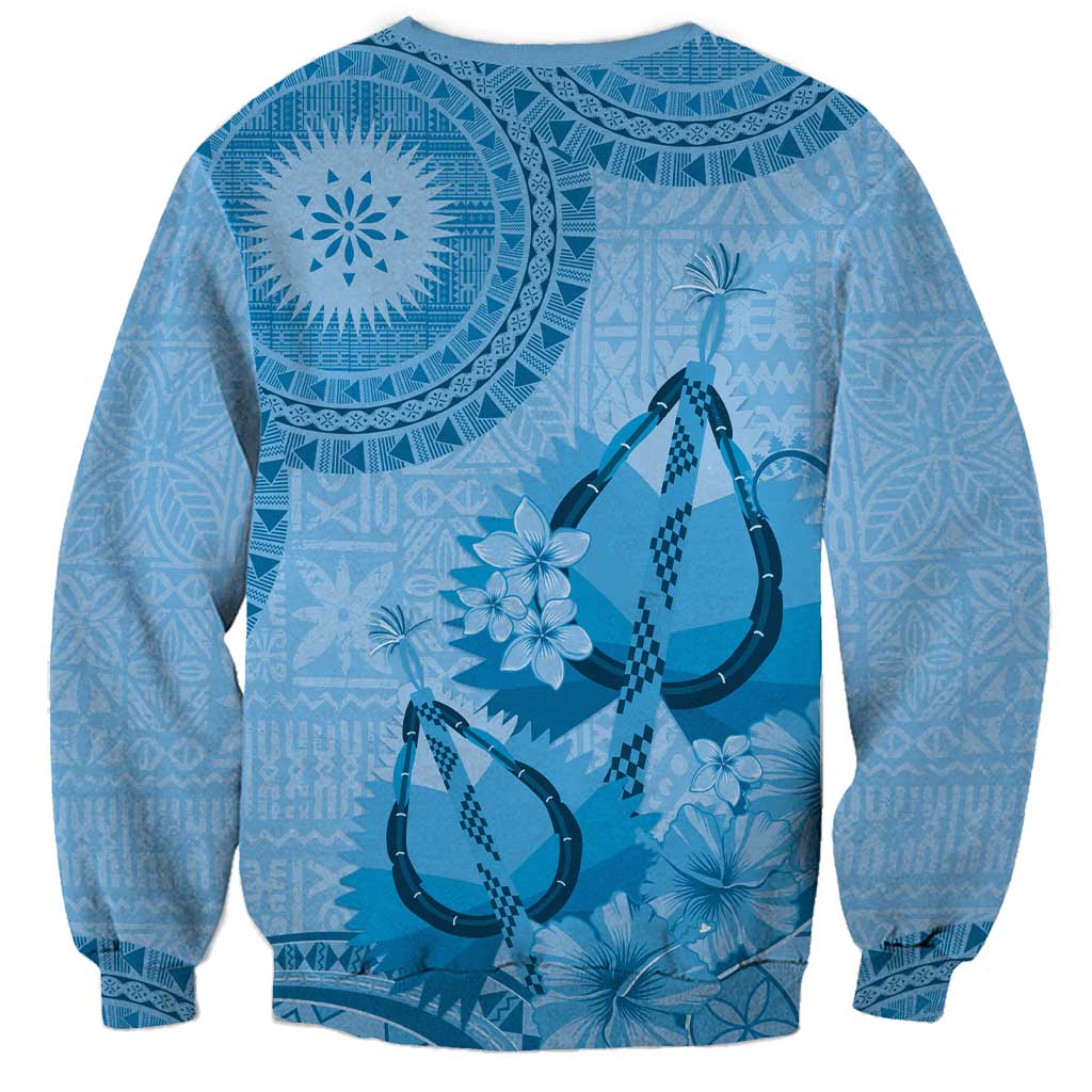 Blue Bula Fiji Sweatshirt Fijian Dance Fan Tapa Cloth Pattern