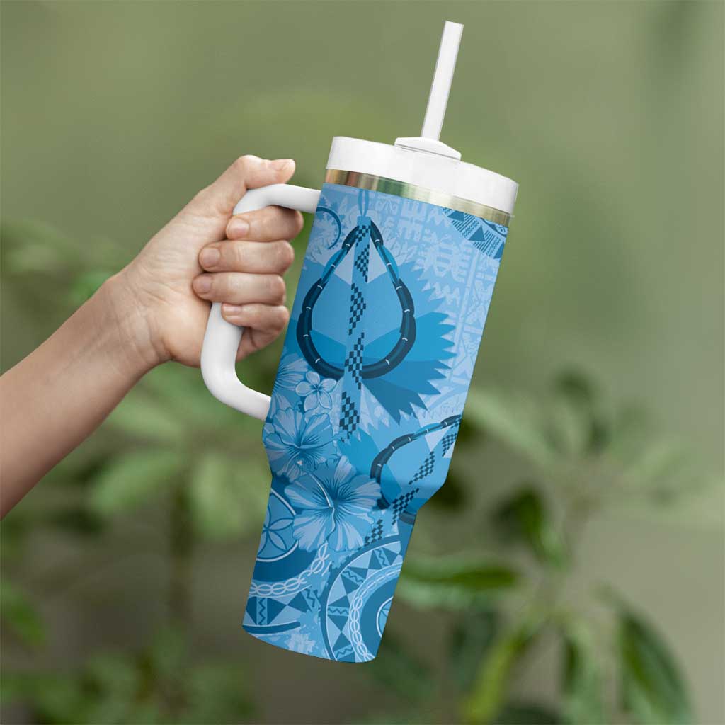 Blue Bula Fiji Tumbler With Handle Fijian Dance Fan Tapa Cloth Pattern