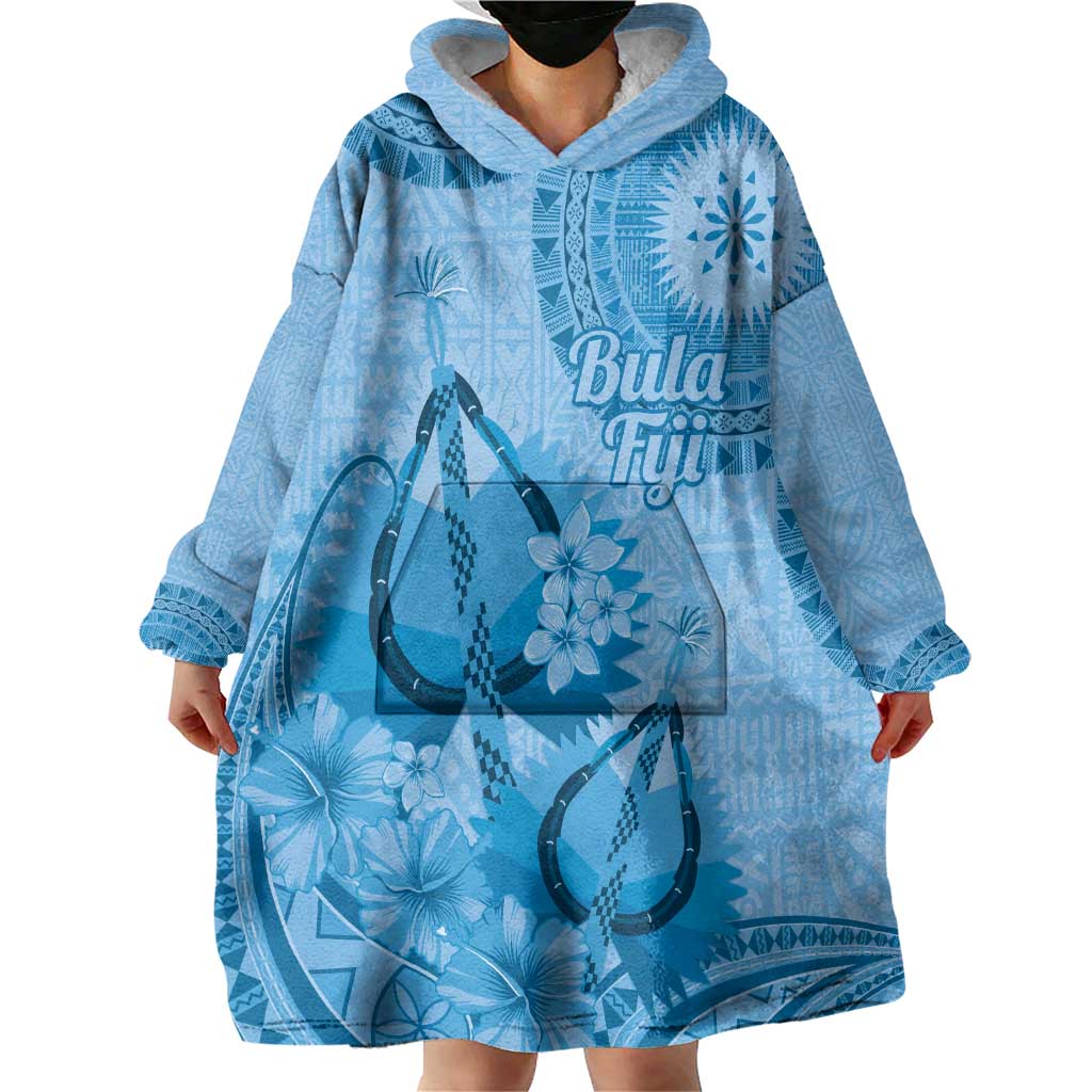 Blue Bula Fiji Wearable Blanket Hoodie Fijian Dance Fan Tapa Cloth Pattern