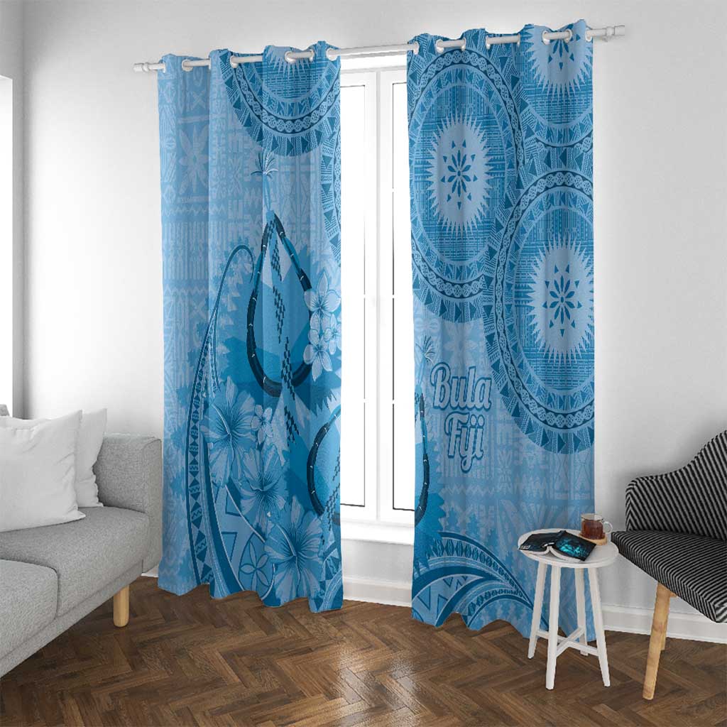 Blue Bula Fiji Window Curtain Fijian Dance Fan Tapa Cloth Pattern