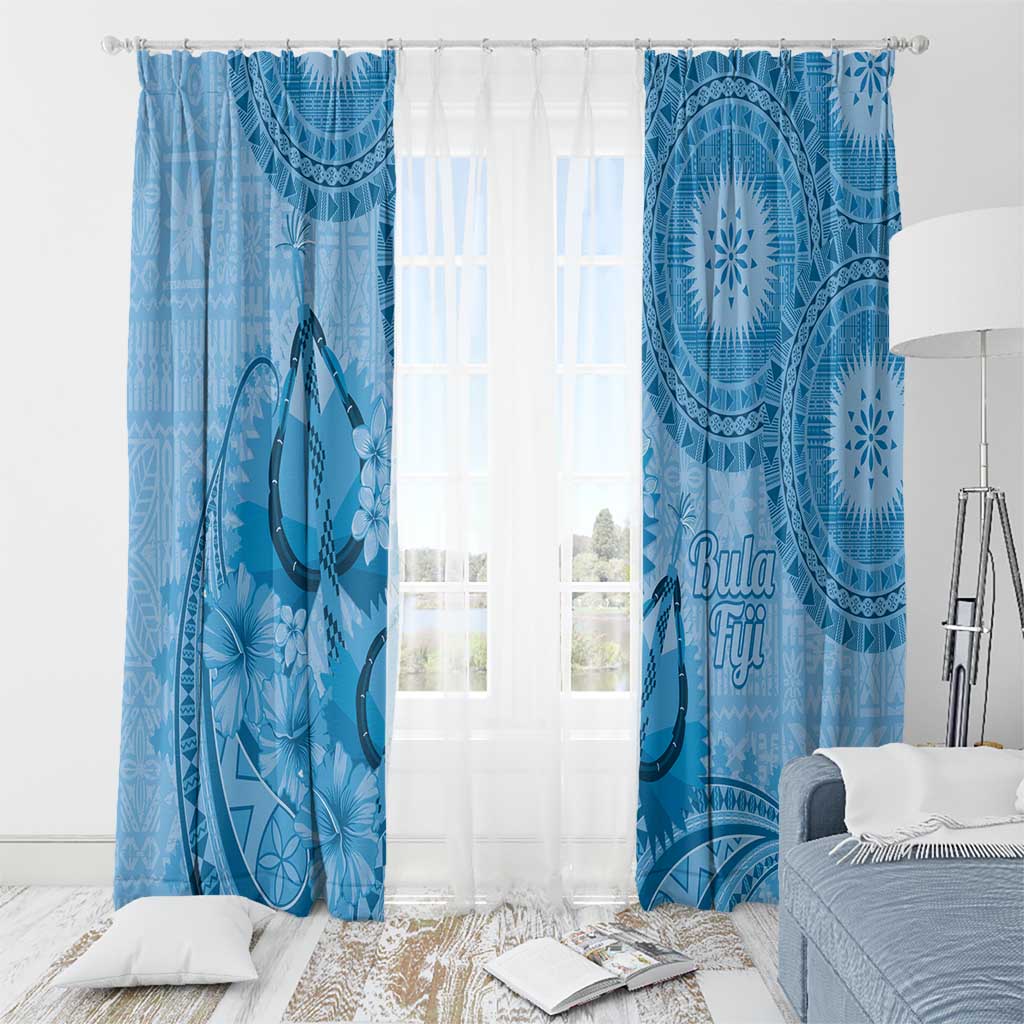 Blue Bula Fiji Window Curtain Fijian Dance Fan Tapa Cloth Pattern