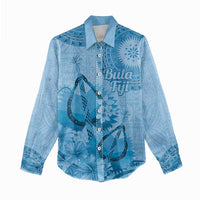 Blue Bula Fiji Women Casual Shirt Fijian Dance Fan Tapa Cloth Pattern