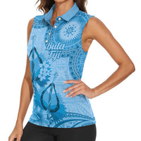 Blue Bula Fiji Women Sleeveless Polo Shirt Fijian Dance Fan Tapa Cloth Pattern