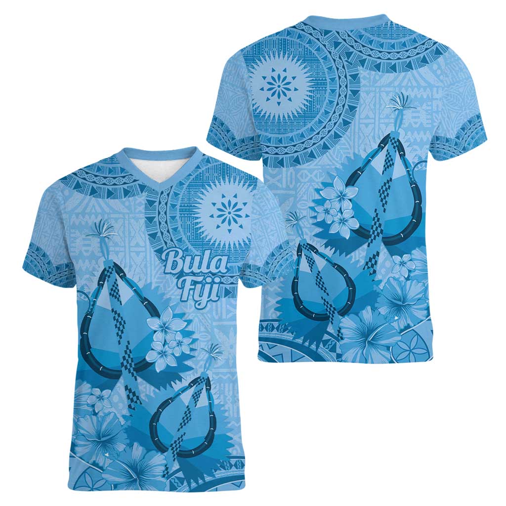 Blue Bula Fiji Women V-Neck T-Shirt Fijian Dance Fan Tapa Cloth Pattern