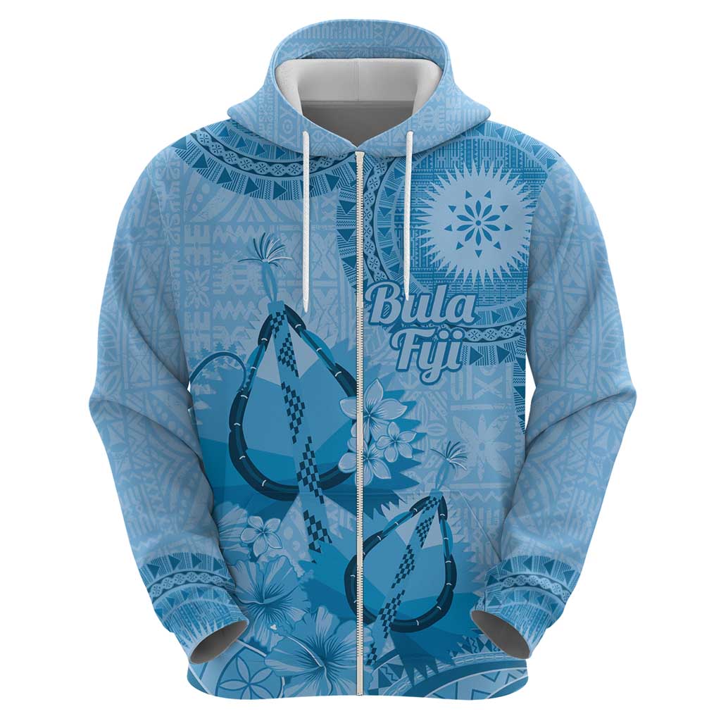Blue Bula Fiji Zip Hoodie Fijian Dance Fan Tapa Cloth Pattern