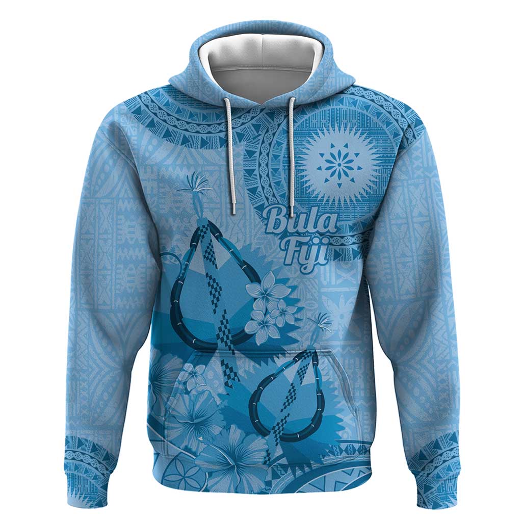 Blue Bula Fiji Zip Hoodie Fijian Dance Fan Tapa Cloth Pattern
