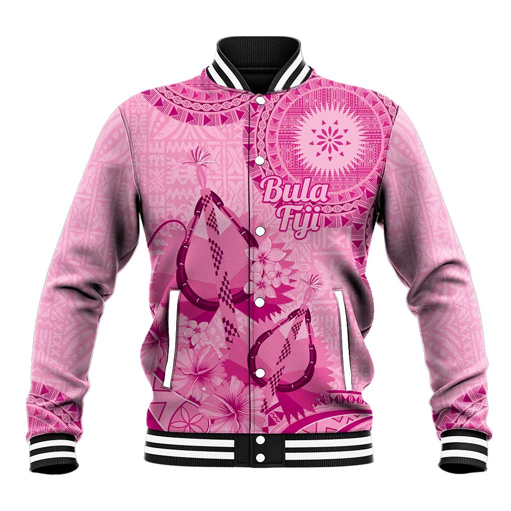 Pink Bula Fiji Baseball Jacket Fijian Dance Fan Tapa Cloth Pattern