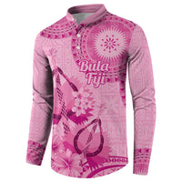 Pink Bula Fiji Button Sweatshirt Fijian Dance Fan Tapa Cloth Pattern