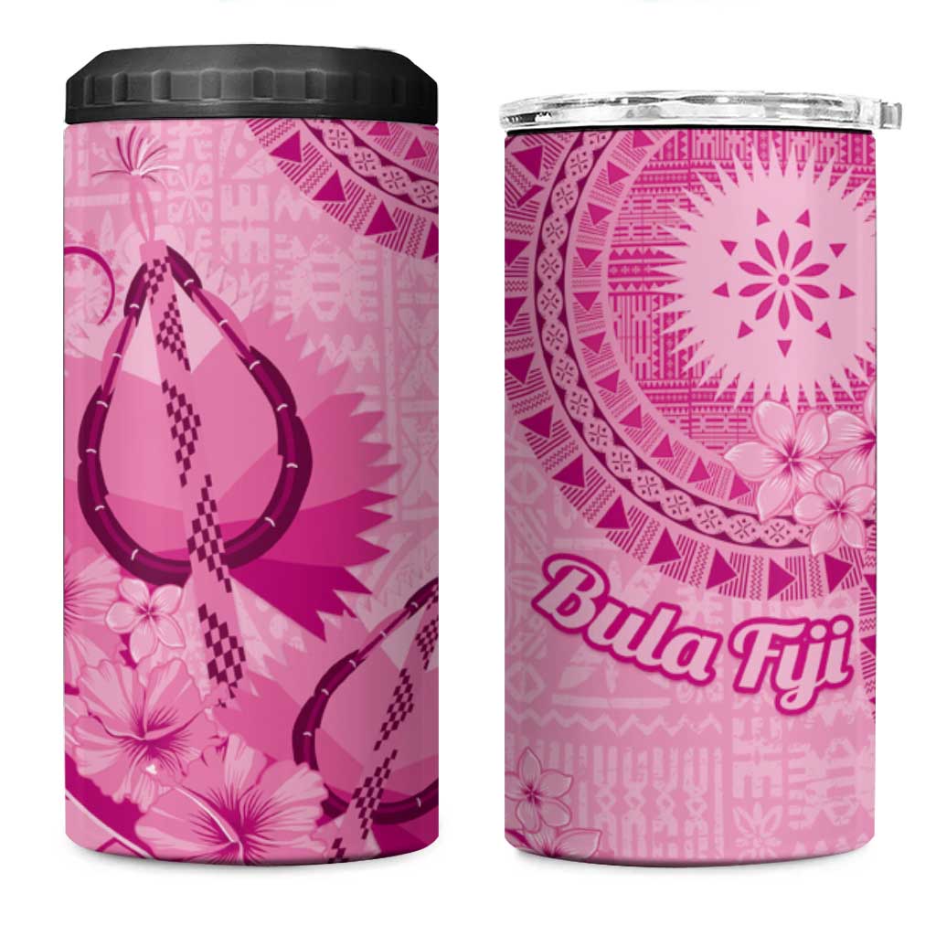 Pink Bula Fiji 4 in 1 Can Cooler Tumbler Fijian Dance Fan Tapa Cloth Pattern