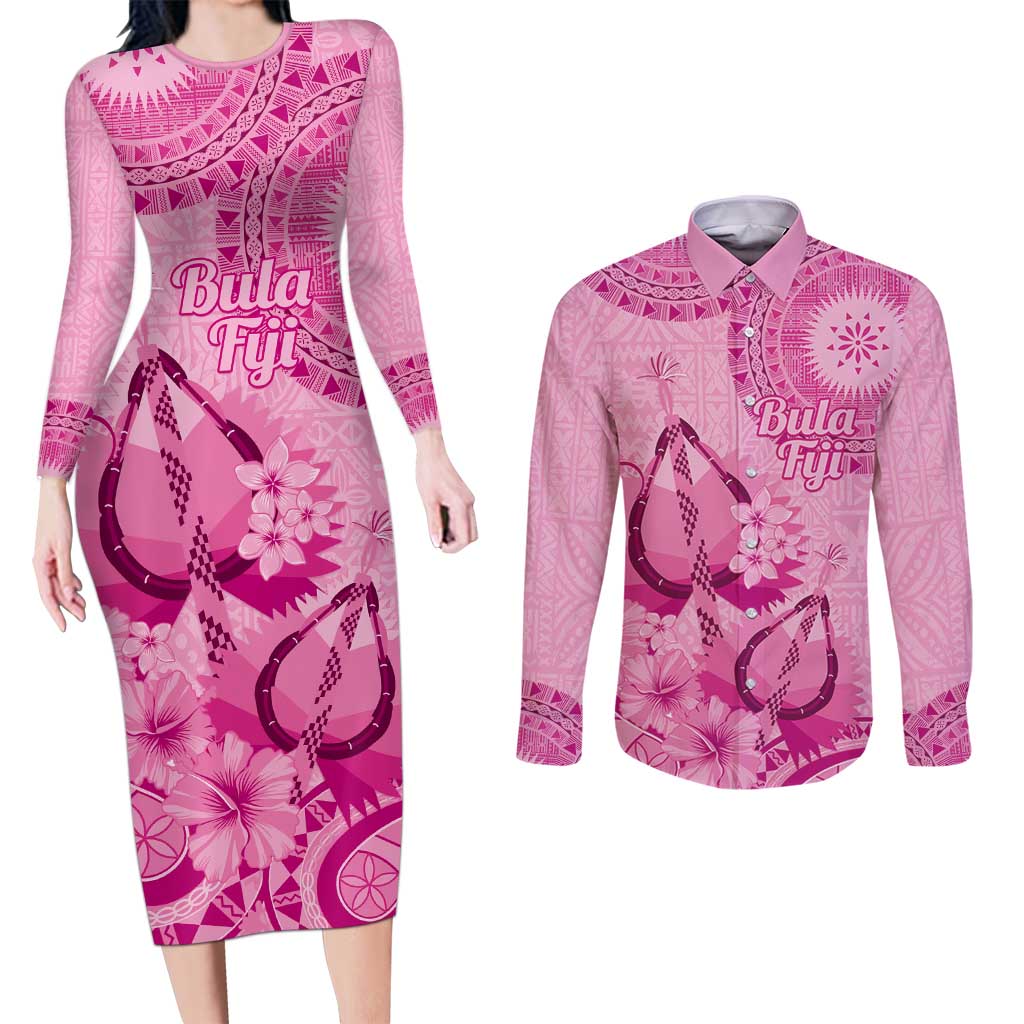Pink Bula Fiji Couples Matching Long Sleeve Bodycon Dress and Long Sleeve Button Shirt Fijian Dance Fan Tapa Cloth Pattern