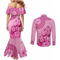 Pink Bula Fiji Couples Matching Mermaid Dress and Long Sleeve Button Shirt Fijian Dance Fan Tapa Cloth Pattern