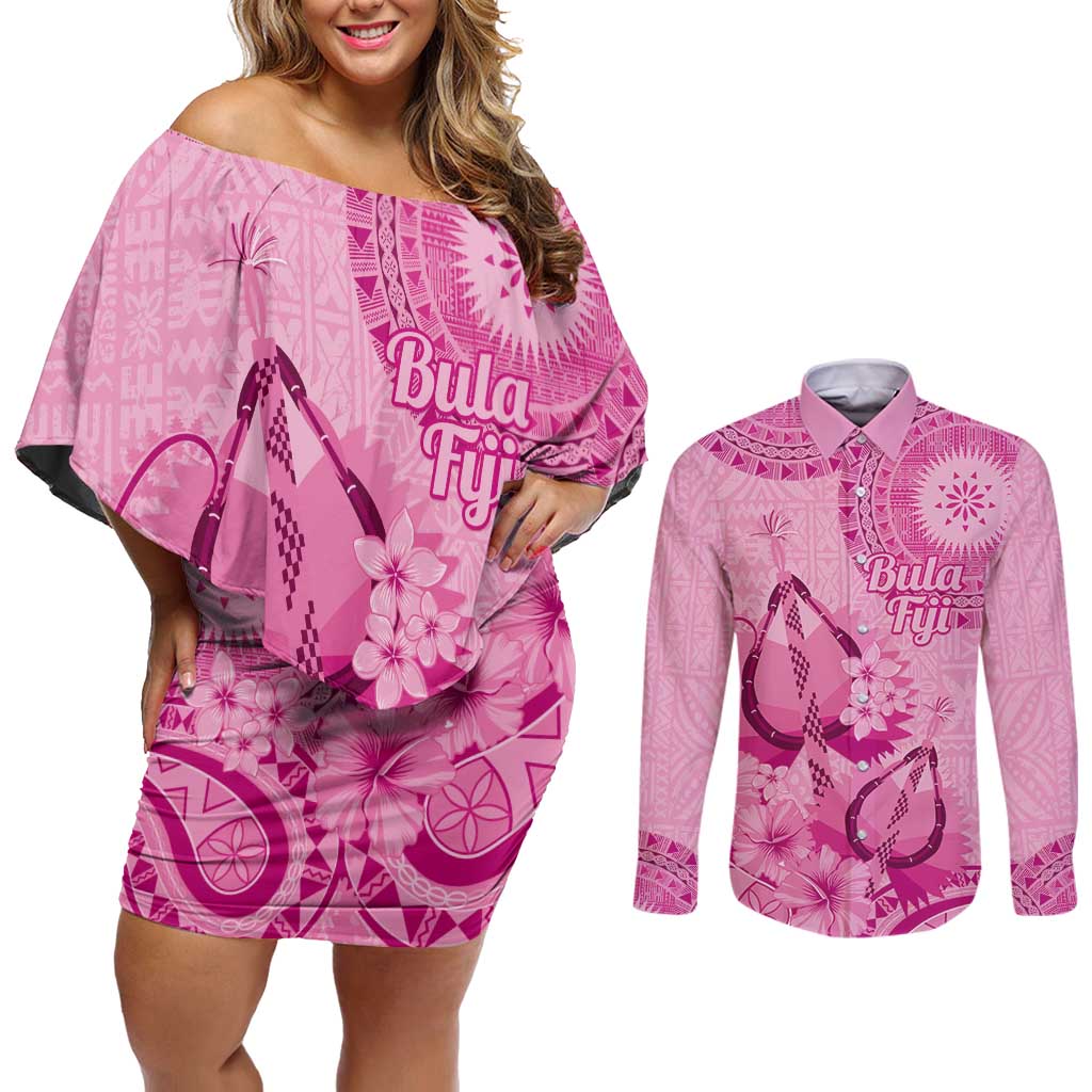 Pink Bula Fiji Couples Matching Off Shoulder Short Dress and Long Sleeve Button Shirt Fijian Dance Fan Tapa Cloth Pattern