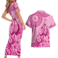 Pink Bula Fiji Couples Matching Short Sleeve Bodycon Dress and Hawaiian Shirt Fijian Dance Fan Tapa Cloth Pattern