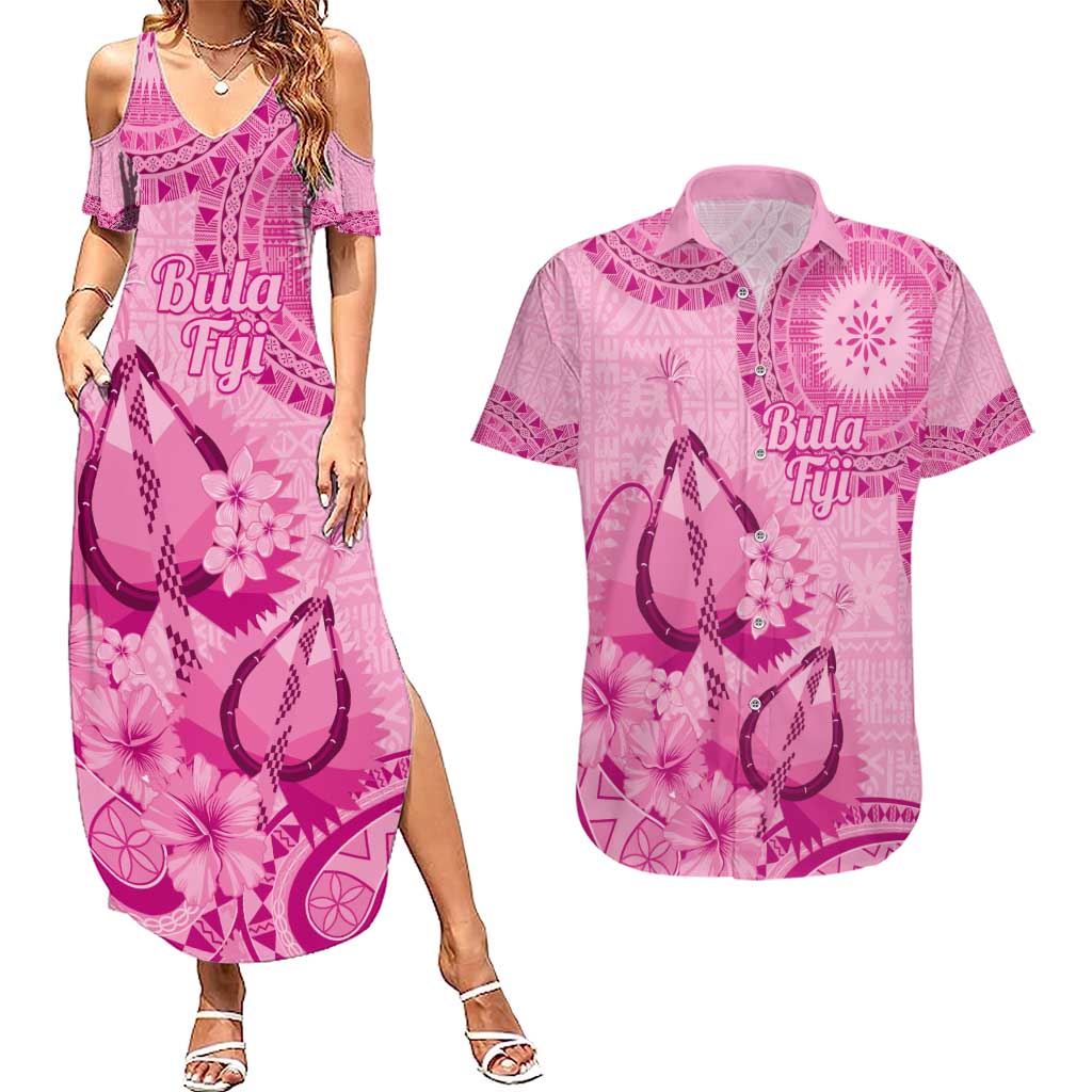 Pink Bula Fiji Couples Matching Summer Maxi Dress and Hawaiian Shirt Fijian Dance Fan Tapa Cloth Pattern
