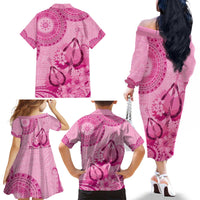 Pink Bula Fiji Family Matching Off The Shoulder Long Sleeve Dress and Hawaiian Shirt Fijian Dance Fan Tapa Cloth Pattern